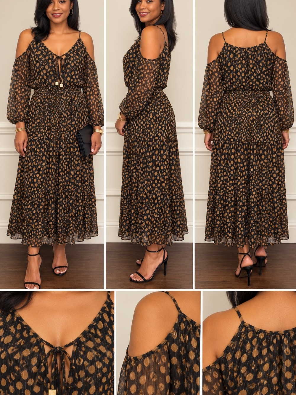 Michael Kors Black & Tan Cold-Shoulder Maxi Dress